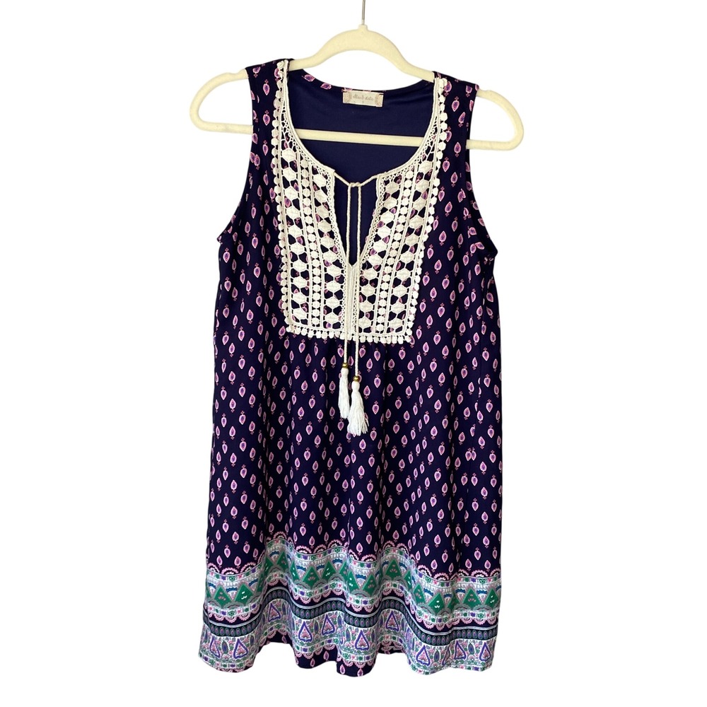 Altar'd‎ State Navy Blue Boho Crochet Lace Bib Tassel Mini Dress Womens Small